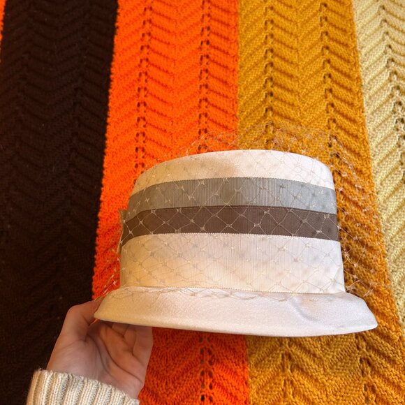 1960s peach basket MOD brown and grey striped birdcage veil hat - made in the us - Picture 11 of 14